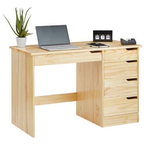 Bureau Hugo Avec Rangement 5 Tiroirs Style Scandinave En Pin Massif À La Finition Naturelle