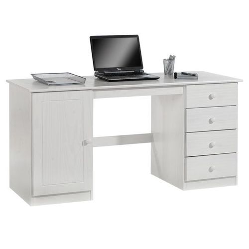 Bureau Multi Rangements Pin Massif Lasuré Blanc