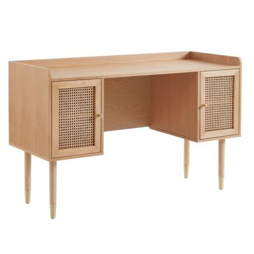 Bureau 2 Portes 130x50x82 Cm En Bois Et Cannage Naturel - Kanny