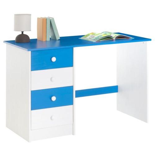 Bureau Arne Pour Enfant Ou Adulte Multi Rangements, Avec 4 Tiroirs, En Pin Massif Lasur? Blanc Et Bleu