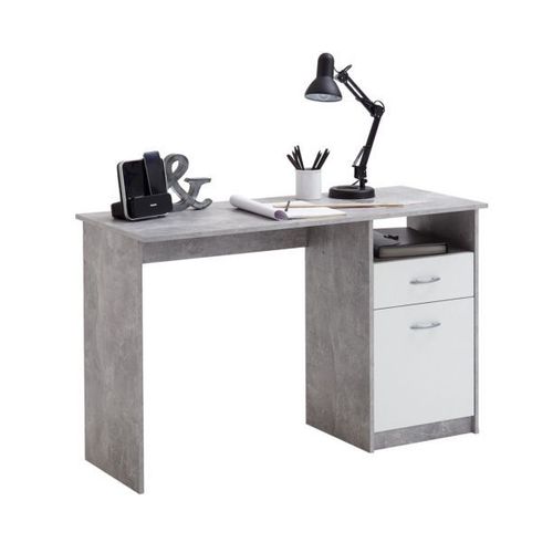 Bureau 1 Porte Et 1 Tiroir 123x50x76,5 Cm Gris Béton Et Blanc