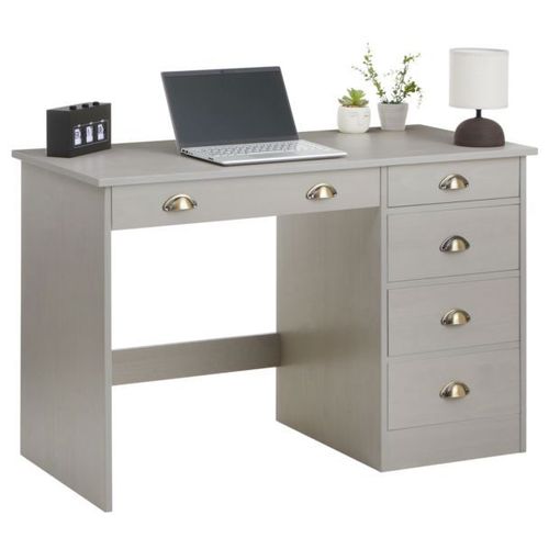 Bureau Lana Avec Rangement 5 Tiroirs Et Poignées En Forme De Coquille, En Pin Massif Lasuré Gris