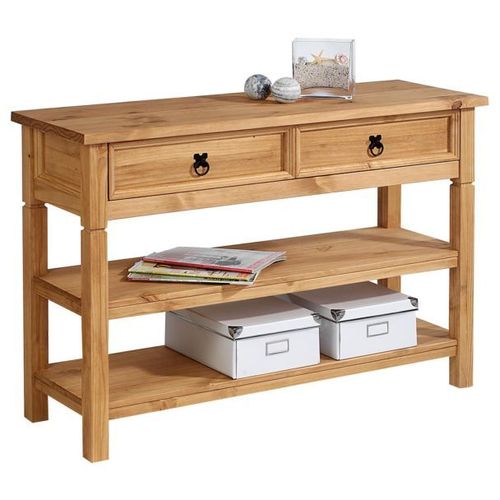 Table Console Tequila Table D'appoint Style Mexicain Avec 1 Tiroir Et 2 Étagères, En Pin Massif Finition Teintée/Cirée