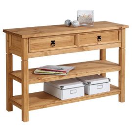 Table Console Tequila Table D'appoint Style Mexicain Avec 1 Tiroir Et 2 Étagères, En Pin Massif Finition Teintée/Cirée