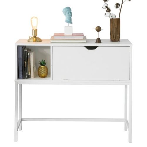 Sobuy® Fsb21-W Table Console Table D¿Appoint Table D'entrée Bureau Informatique Pour Ordinateur Avec 1 Abattant Et 1 Compartiment Cadre Métal ¿L92cm X P30cm X H80cm