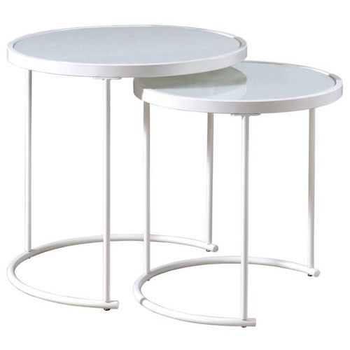 Lot De 2 Tables D'appoint Leyre Tables Basses Gigognes, Tables À Café Design Industriel, Plateau Rond En Verre Et Cadre Métal, Blanc