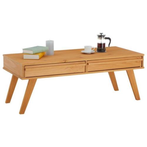 Table Basse Julie Style Scandinave Table De Salon Rectangulaire Avec 2 Tiroirs, En Pin Massif Lasuré Brun