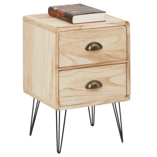 Table De Chevet Malia Table De Nuit Avec 2 Tiroirs, En Bois De Paulownia Style Vintage Industriel Finition Bois Brulé Pieds En Métal