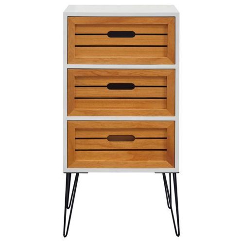 Table De Chevet Estoril Meuble De Nuit Avec 3 Tiroirs De Coloris Blanc Et Bois Naturel Avec Pieds Épingle En Métal Noir