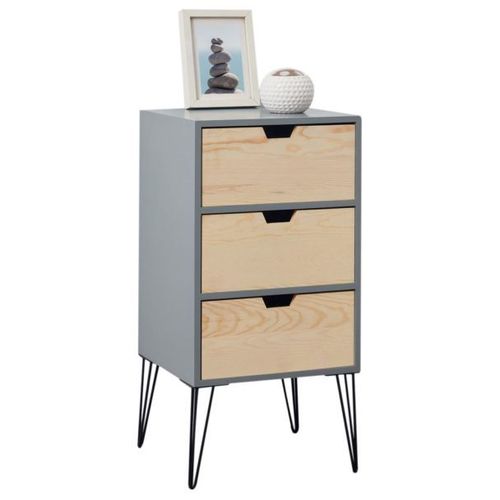 Table De Chevet Bahia Meuble De Nuit Avec 3 Tiroirs De Coloris Gris Et Bois Naturel Avec Pieds Épingle En Métal Noir