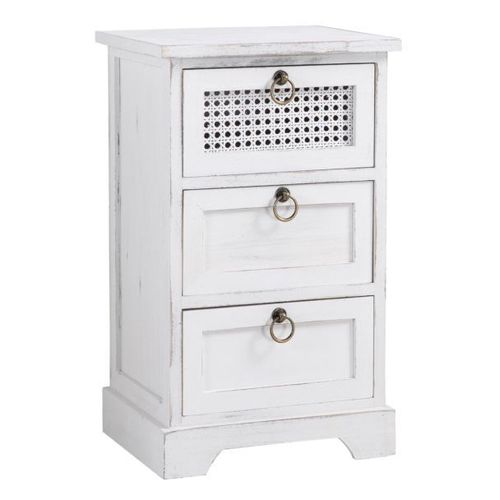 Table De Chevet Irma Petite Commode De Nuit Avec 3 Tiroirs, En Bois Paulownia Blanc Style Shabby Chic Vintage Bohême Déco En Rotin