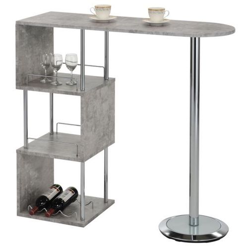 Table Haute De Bar Vigando Mange-Debout Comptoir Avec 3 Étagères Dont 1 Porte-Bouteilles, En Métal Chromé Et Plateau Mdf Décor Béton