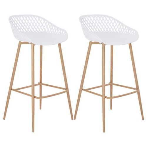 Lot De 2 Tabourets De Bar Irek Chaise Haute Cuisine Ou Comptoir Au Design Retro En Plastique Blanc Et Métal Décor Bois, Assise 75 Cm