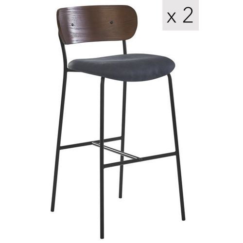 Nordlys - Lot De 2 Tabourets De Bar Metal Bois Industriels Velours Noir