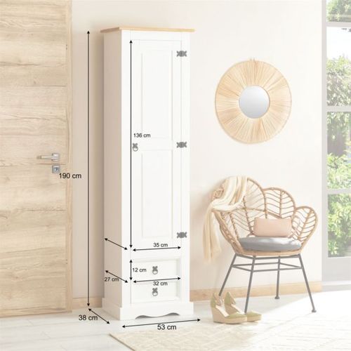 Armoire Tequila Meuble De Rangement Avec 7 Tablettes Derrière 1 Porte Battante Et 2 Tiroirs, En Pin Massif Lasuré Blanc Et Brun