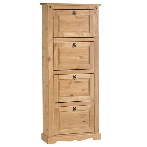 Meuble À Chaussures Tequila Style Mexicain Armoire À Chaussures Avec 4 Abattants, En Pin Massif Finition Teintée Et Cirée