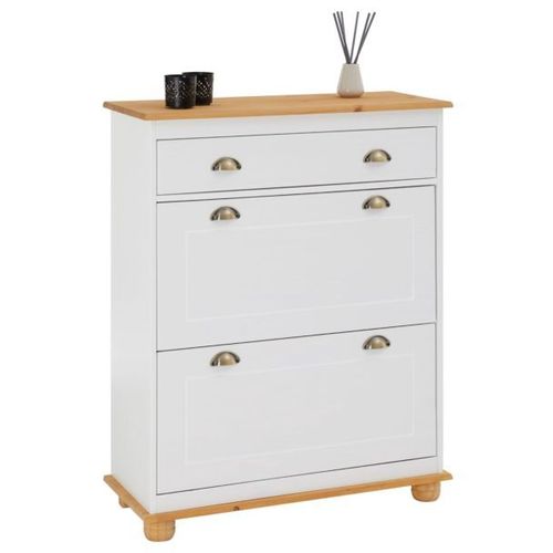Meuble À Chaussures Colmar Armoire Rangement Avec 2 Abattants Et 1 Tiroir, En Pin Massif Lasuré Blanc Et Brun