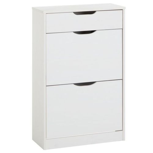 Meubles À Chaussures Basil Rangement Armoire Avec 2 Abattants Et 1 Tiroir, En Pin Massif Lasuré Blanc
