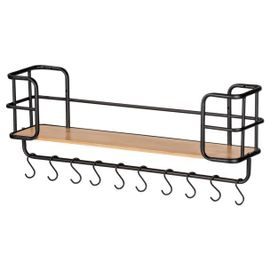 Etagère Murale Loft Avec Tablette Et 10 Crochets - En Métal Et Bambou - Noir Et Marron