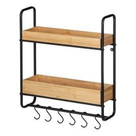 Etagère Murale Loft Avec 2 Tablettes Et 6 Crochets - En Métal Et Bambou - Noir Et Marron