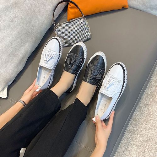 Mocassins En Croûte De Cuir À Bout Rond Pour Femmes,Chaussures Plates Décontractées À La Mode,À Frange,De Hauteur Accrue