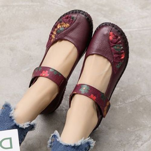 Chaussures Mocassins Vintage En Cuir Véritable Pour Femmes Et Filleschaussures Plates Fond Souplemotif Floralbout Rondgrande Taillemode Printemps