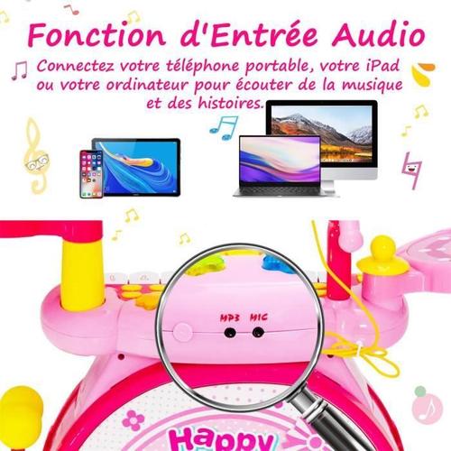 3 en 1 Batterie Électronique pour Enfant Tabouret Microphone Lumières LED  MP3 Enregistrement/Lecture Bleu/Rose - Costway