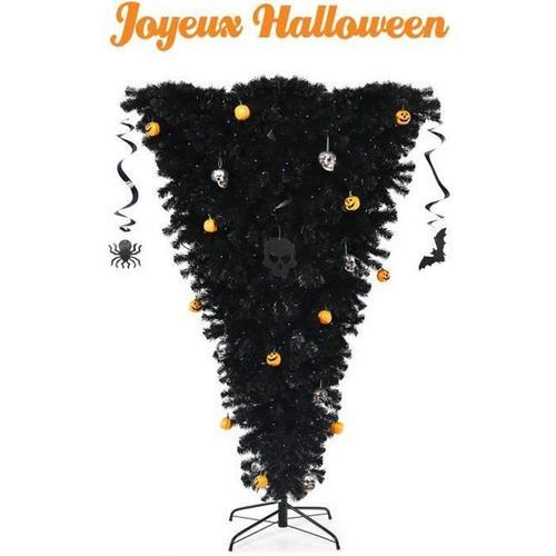 COSTWAY Sapin de Noël Artificiel Noir 180 cm Inversé Arbre d'Halloween avec 270 Lumières LED Violettes Décoré de Citrouilles Crânes