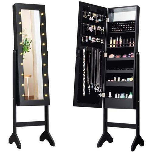 COSTWAY Armoire à Bijoux sur Pied avec 18 LED, Angle Réglable,Doublure en Velours Doux 35 × 31,5 x 145 CM Noir