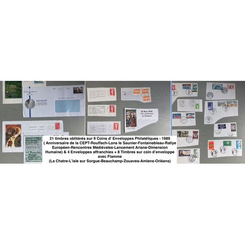 21 Timbres Oblitérés Sur 9 Coins D¿ Enveloppes Philatéliques - 1989 ( Anniversaire De La Cept-Rouffach-Lons Le Saunier-Fontainebleau-Rallye Européen-Rencontres Médiévales-Lancement Ariane-Dimension