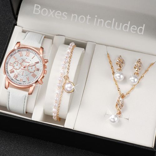 Kit De Montres À Quartz Pour Femme - 5 Pièces Avec Bracelet En Cuir, Cadran Romain Et Bijoux En Perles, Idée De Cadeau Noel
