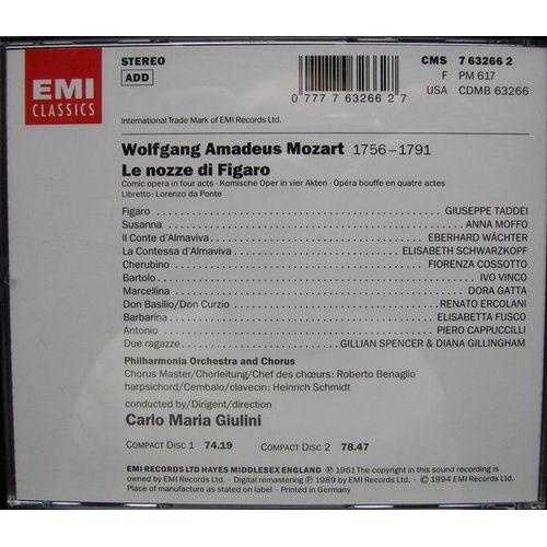 Wolfgang Amadeus Mozart 1756-1791 : Les Noces De Figaro K 492 Par Giuseppe Taddei Anna Moffo Elisabeth Schwarzkopf Eberhard Wächter Ivo Vinco Philharmonia Orchestra And Chorus Dir Carlo Maria Giulini