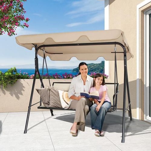 Costway Balancelle De Jardin 3 Places En Polyester Et Acier Avec Toit Anti-Uv Réglable Pour Balcon,Terrasse 173 X 119 X 152cm Brun