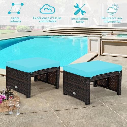 Costway 2 Tabouret De Jardin Résine Tressée En Rotin Pe Avec Coussin Souple En Éponge, Pour Terrasse Et Piscine, 49 X 40 X 33 Cm