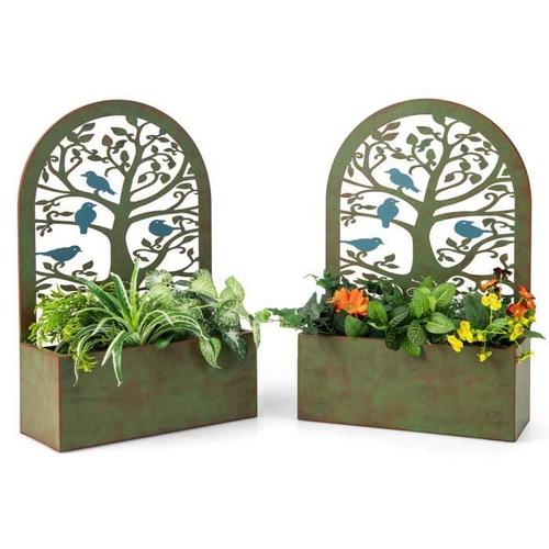 Costway 2 Pcs Jardinières Murales Avec Treillis En Métal Bac À Fleurs Décoratives Pour Plante Grimpante Résistance Aux Intempéries