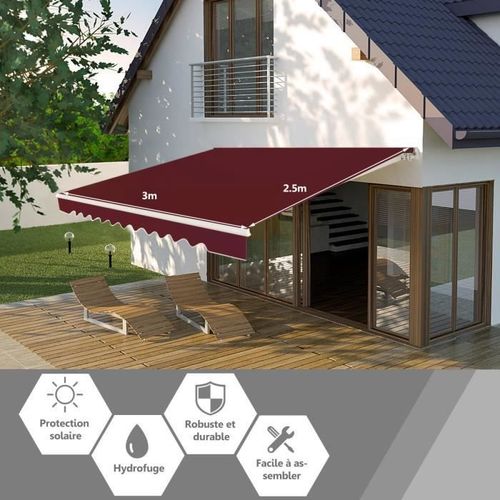 Costway Store Banne De Balcon Rétractable 3 X 2,5m Avec Tissu Résistant Aux Uv Et À L'eau Cadre Aluminium Angle Réglable 5-35° Rouge