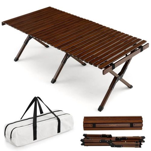 Costway Table De Camping Pliante Portable En Bambou Plateau Enroulable À Latte Sac De Transport Charge 50kg 122 X 60 Cm Café