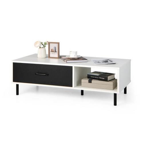 Costway Table Basse À 2 Niveaux Avec Tiroir Et Étagère Ouverte Moderne 110 X 52 X 35 Cm Meuble Tv Avec Pieds En Métal Robuste