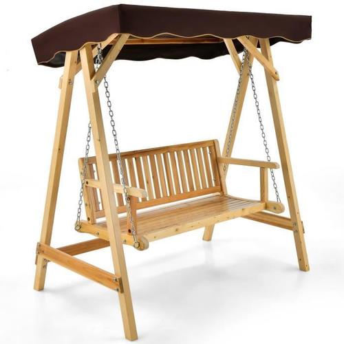 Costway Balancelle De Jardin 2 Places En Bois Avec Toit Inclinable Imperméable Chaîne Métallique Réglable Charge 240kg Cadre En A