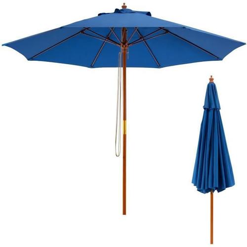 Costway Parasol De Jardin Pliable 2,9m Avec Mécanisme De Poulie À Corde Poteau En Bois 8 Baleines En Fibre De Verre Pour Cour Bleu