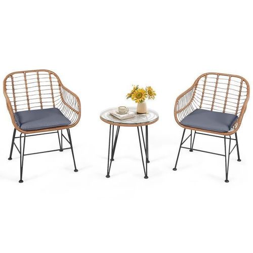 Costway Salon De Jardin En Rotin 2 Fauteuil + 1 Table Basse (Plateau En Verre), Coussins Amovibles,Style Bali Coloris Naturel