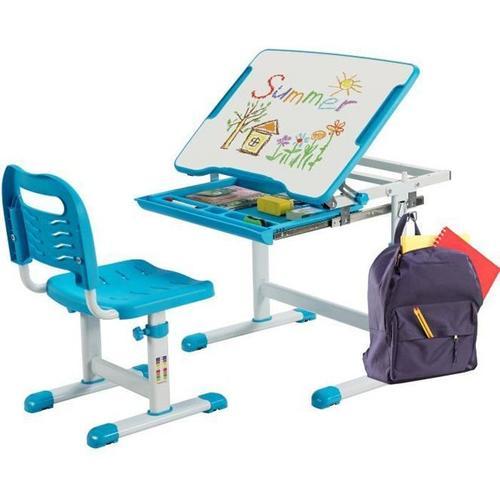 Costway Ensemble Bureau Enfant Ergonomique Hauteur Réglable, Plateau Inclinable 0-45°, Tablette Coulissante Multi-Rangement Bleu