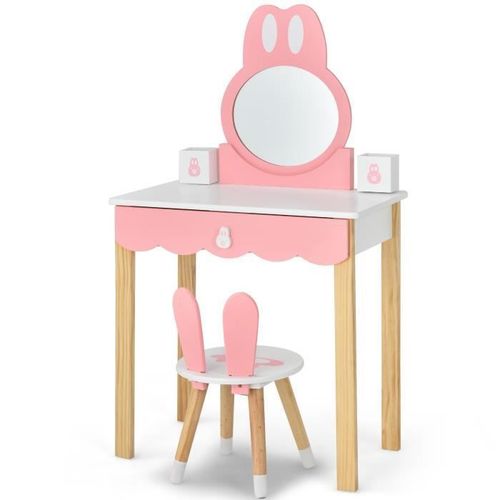 Costway Coiffeuse Avec Tabouret Pour Enfants - Miroir Amouvible - 1 Tiroirs - 2 Boîtes De Rangement - Décor Rose + Blanc