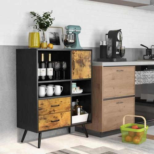 Costway Buffet Industriel Bois Avec 2 Tiroirs, 4 Compartiments Et 1 Placard, Pour Salle À Manger, Salon, Cuisine, 80 X 40 X 106 Cm