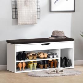 Banc de rangement avec coussin gris - meuble à chaussures - banc à  chaussures avec grand tiroir double compartiment - MDF blanc
