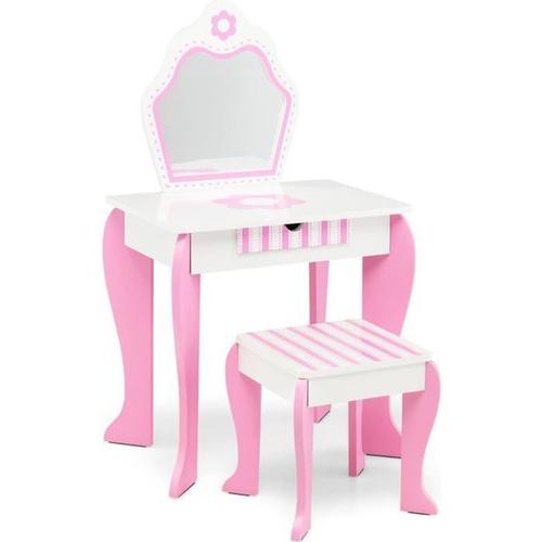 Costway Coiffeuse Pour Enfants Avec Miroir Et Tabouret En Bois - Style Princesse Cadeau Pour Filles Rose