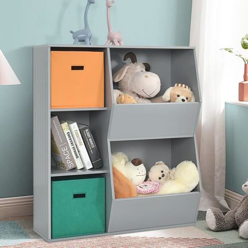 Costway Bibliotheque Enfant, 2 Paniers De Rangement, Meuble De Rangement Enfant, 3 Cubes, 2 Grandes Boîtes Rangement Ouvertes, Gris