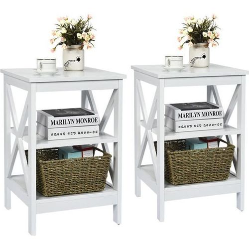 Costway Lot De 2 Table De Chevet À 3 Niveaux, Table D'appoint Simple Et Contemporain, Pour Chambre, Salon 40 X 40 X 61 Cm, Blanc