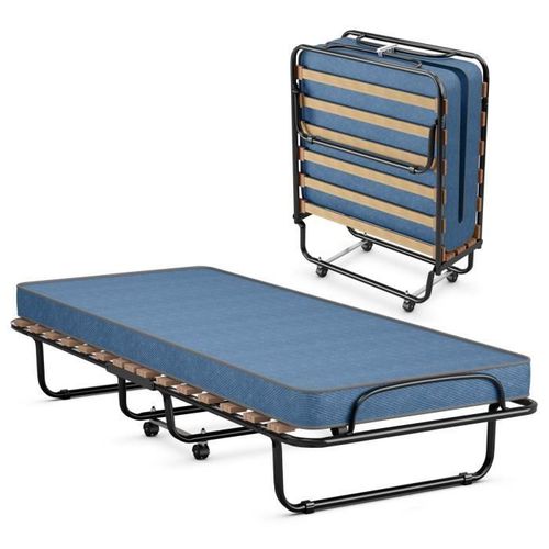 Costway Lit Pliant Sur Roulettes, 80 X 190 Cm, Lit D'appoint Avec Matelas En Mousse 6,5 Cm Pour Maison Et Bureau, Bleu