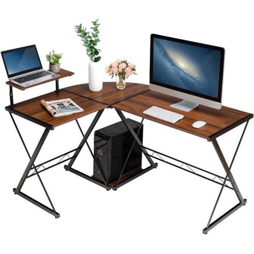 Costway Bureau D'angle - 147 X 112 X 79 Cm - Ajustable À 2 Bureaux Droit Grand Table Pour 2 Personnes Marron